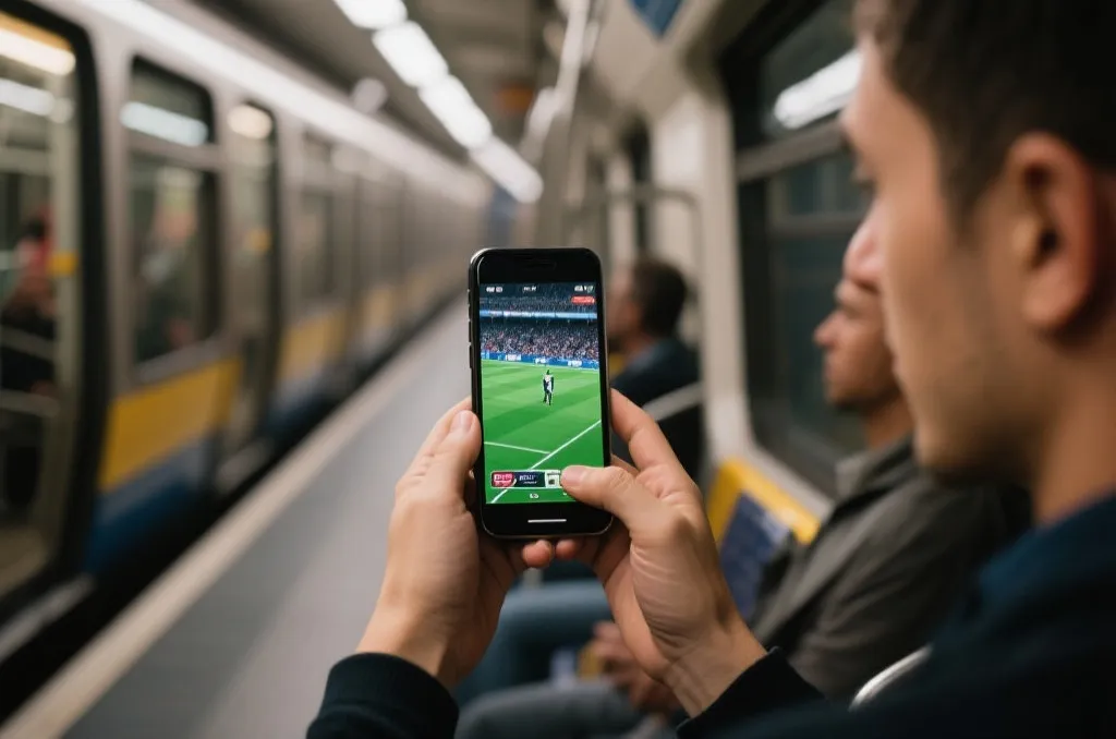 通勤中使用手机观看足球直播，动态场景，真实感
