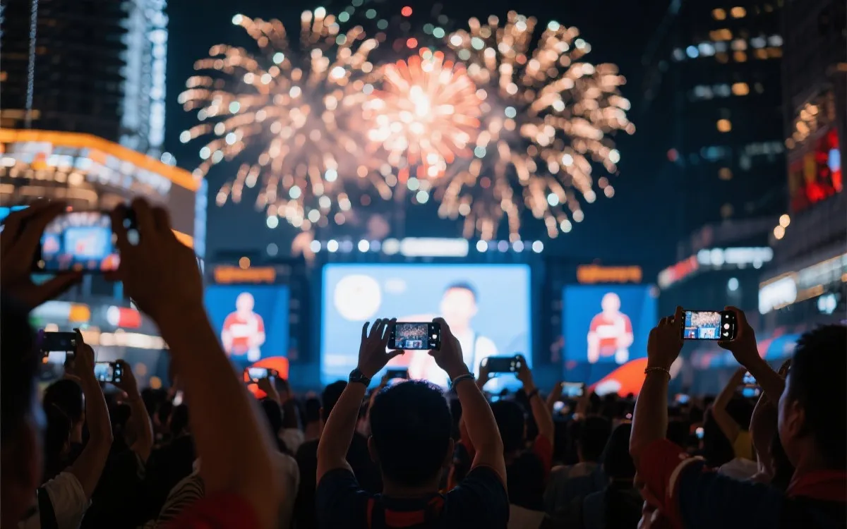 球迷广场大屏前人群举起手机记录并在夜色中欢呼的画面